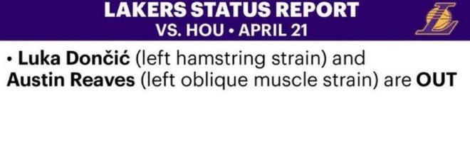 湖人G2迎战火箭 东契奇里夫斯伤缺冲击季后赛格